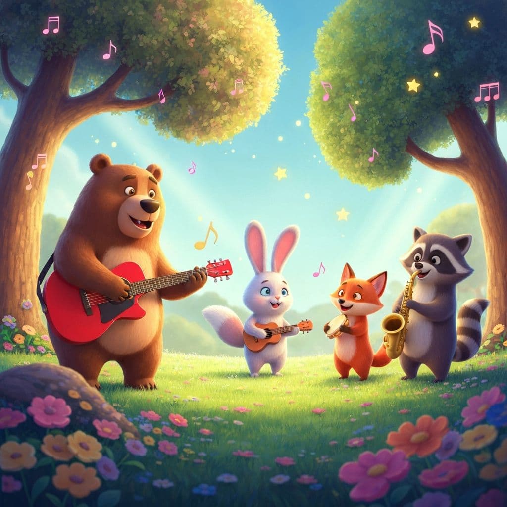 Animales del bosque tocando música en un claro soleado